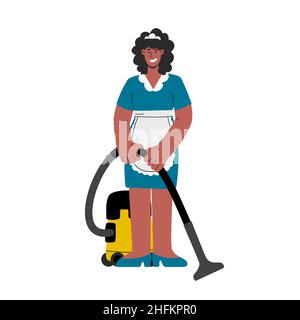 afroamerikanische Dienstmädchen im Kleid mit Staubsauger.Vektor flache Abbildung Stock Vektor