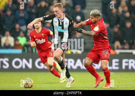 Sean Longstaff von Newcastle United und Cucho Hernandez und Watford - Newcastle United / Watford, Premier League, St James' Park, Newcastle upon Tyne, Großbritannien - 15th. Januar 2022 nur zur redaktionellen Verwendung - es gelten die Einschränkungen von DataCo Stockfoto