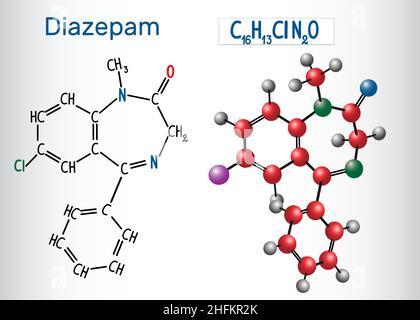 Diazepam-Molekül (Valium) - strukturelle chemische Formel und Modell. Medikation der Benzodiazepin-Klasse.Vektordarstellung Stock Vektor