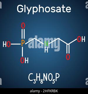 Glyphosat-Molekül. Es handelt sich um ein systemisches Herbizid mit breitem Spektrum. Strukturelle chemische Formel und Molekülmodell auf dem dunkelblauen Hintergrund. Vektor-il Stock Vektor