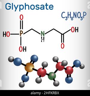 Glyphosat-Molekül. Es handelt sich um ein systemisches Herbizid mit breitem Spektrum. Strukturelle chemische Formel und Molekülmodell. Vektorgrafik Stock Vektor