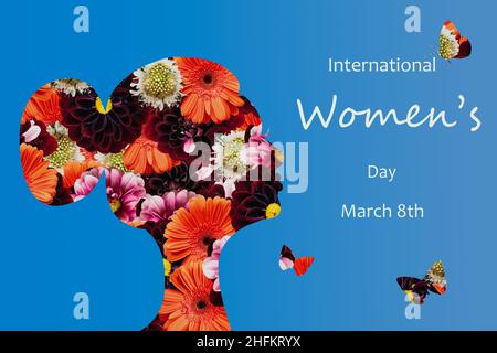 Happy March 8th International Women's Day Hintergrundposter. Design mit Frau Seitenprofil Silhouette und Blüte Collage von Fotos von Blumen und Stockfoto