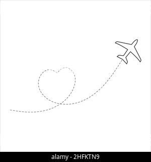 Ein Flugzeug, das am weißen Himmel fliegt und eine liebesförmige Rauchspur hinterlässt Stock Vektor