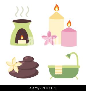 Set von Elementen für Spa und Entspannung. Ölbrenner, Duftkerzen, Zen-Steine mit Blume und Badezenter. Zubehör für Entspannung, Meditation und Personal Stock Vektor