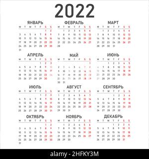 Kalender für 2022 auf Russisch. Planung für das Jahr. Alle Monate Stock Vektor