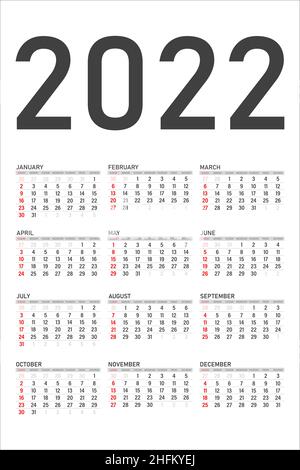 Kalender für 2022 isoliert auf weißem Hintergrund. Von Montag bis Sonntag. Geschäftsvorlage. Vektorgrafik. Stock Vektor