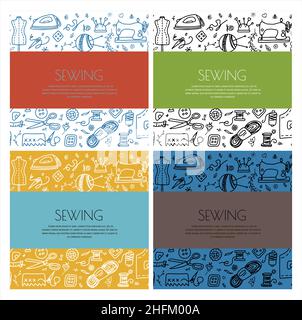 Vector Doodle Nähen Banner. Symbole für Vektoranpassungswerkzeuge. Nähen Schaufensterpuppe, Maschine, Mess-und Schneidbedarf, Black Outline. Skizze mit Stock Vektor