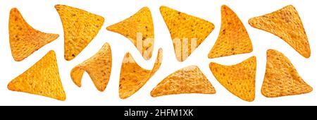 Maischips, heiße mexikanische Nachos isoliert auf weißem Hintergrund Stockfoto