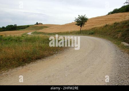 Die typischen staubigen Schotterstraßen in der Toskana in Italien mit einer schönen Natur und Landschaft rund um und alte Häuser herum. Stockfoto