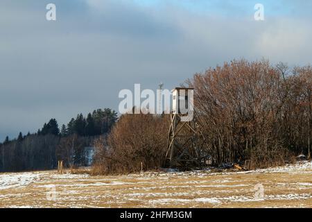 Das Feld im Winter mit dem Baum stehen in den Bäumen versteckt. Die Jäger nutzen sie als Aussichtspunkt und Versteck. Stockfoto