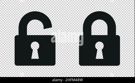 Symbolsatz-Vorlage auf einem markierten transparenten Hintergrund sperren und entsperren. Vektorgrafik. EPS 10-Vektordatei. Stock Vektor