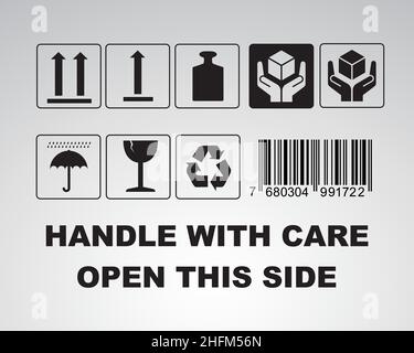 Symbole für die Verpackung auf grauem Hintergrund. Recycling, zerbrechlich, entzündlich, diese Seite nach oben, vorsichtig behandeln, Barcode und andere Zeichen und Symbole. Vect Stock Vektor