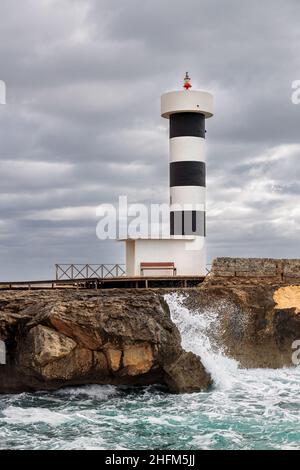 Leuchtturm von Colònia de Sant Jordi, Mallorca, Balearen, Spanien Stockfoto