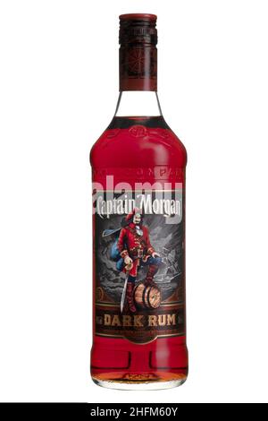 Glasflasche mit Capitain Morgan Jamaica Dark Rum. Stockfoto