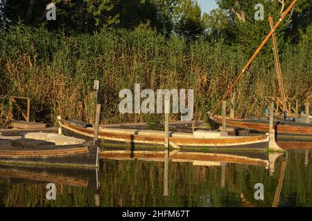 CATARROJA, SPANIEN - 25. JUNI 2021: Catarroja traditioneller Bootshafen (Pier) im Naturpark Valencia Albufera bei Sonnenuntergang Stockfoto