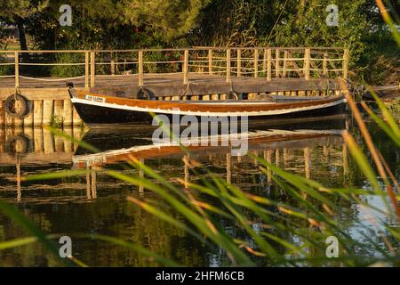 CATARROJA, SPANIEN - 25. JUNI 2021: Catarroja traditioneller Bootshafen (Pier) im Naturpark Valencia Albufera bei Sonnenuntergang Stockfoto