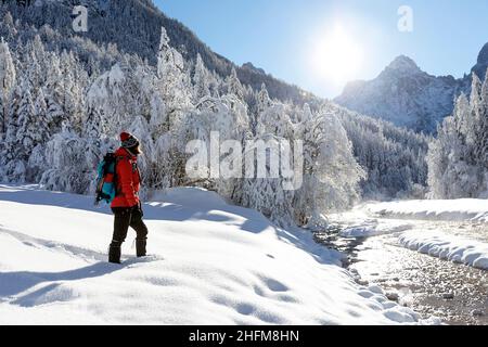 Frau in roter Winterjacke Wandern in schneebedeckter Landschaft im Krnica-Tal, Slowenien Stockfoto
