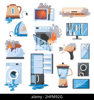 Defekte und beschädigte Küchen- und Haushaltsgeräte, Verbrennung und Rauch durch Elektronik. Backöfen und Kühlschrank, Mixer und Lautsprecher, Bügeleisen und Stock Vektor