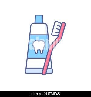 Zahnpasta und Pinsel - moderne farbige Linie Design-Stil-Symbol auf weißem Hintergrund. Ordentliches, detailliertes Bild der Grundelemente für die Mund- und Zahnpflege. Gesund Stock Vektor