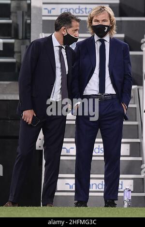 Foto LaPresse - Fabio Ferrari 26 Giugno 2020, Turin, Italia Sport Calcio Juventus FC vs Lecce - Campionato di calcio Serie A Tim 2019/2020 - Allianz Stadium. Nella foto:Nedved , Paratici 26. Juni 2020 Turin, Italien Sportfußball Juventus FC vs Lecce - Italienische Fußballmeisterschaft League A Tim 2019/2020 - Allianz Stadium. Im Bild:Nedved, paratici Stockfoto