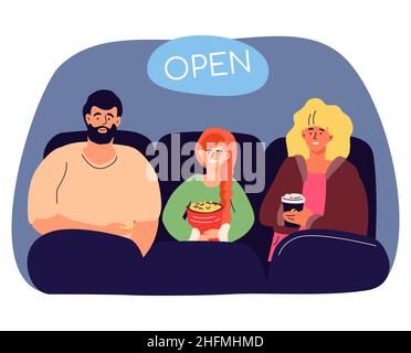 Kino wird eröffnet - moderne farbenfrohe flache Design-Stil Illustration. Familie, die einen Film auf dem großen Bildschirm sieht. Fröhliche Mama, Papa und Tochter essen Popcorn Stock Vektor