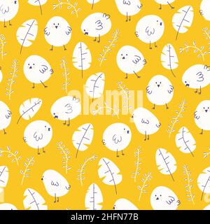 Nahtloses Muster mit weißen Küken, Hühnern, Pflanzzweigen und Blättern. Vektor wiederholende Elemente für Ostern Design auf einem gelben Hintergrund. Stock Vektor