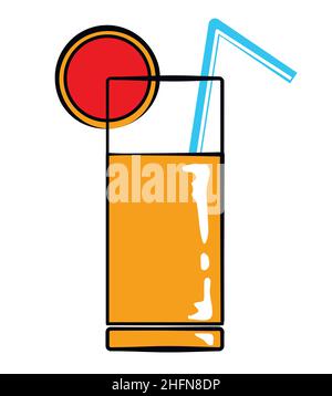 Orange Saft Cartoon Aufkleber im Retro-Stil auf weißem Hintergrund, Vektor-Illustration für Rest-Thema Stock Vektor