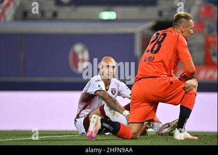 Massimo Paolone/LaPresse 2. August 2020 Bologna, Italien Sportfußball Bologna vs Turin - Italienische Fußballmeisterschaft Liga A Tim 2019/2020 - stadio Renato Dall'Ara Stadion im Bild: Simone Zaza (Turin Footbal Club) schaut auf Stockfoto