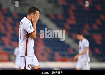 Massimo Paolone/LaPresse 2. August 2020 Bologna, Italien Sportfußball Bologna vs Turin - Italienische Fußballmeisterschaft Liga A Tim 2019/2020 - stadio Renato Dall'Ara Stadion im Bild: Alejandro Berenguer (Torino Footbal Club) ist verzweifelt Stockfoto