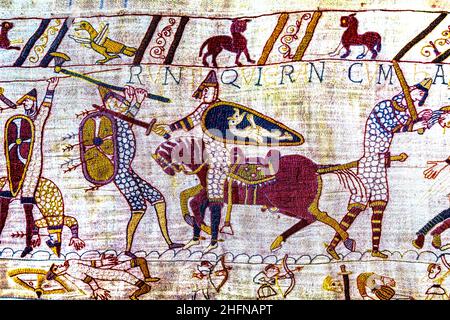 Farbenfroher Mittelalterlicher Wandteppich Bayeux Normandie Frankreich. Erstellt 11th Jahrhundert direkt nach Battle Hastings 1066 AD zeigt Norman Conquest England. Sh Stockfoto