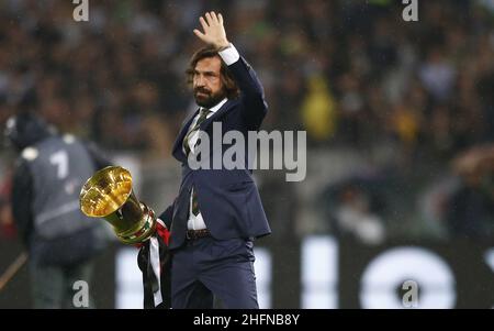 LaPresse - Spada Mai 09 , 2018 Rom (Italien ) Sport Soccer Juventus vs Mailand - Italien Cup Tim 2017/2018 - das Finale " Olympiastadion " auf dem Bild: pirlo ESCLUSIVA MAILAND Foto LaPresse - Spada 09 Maggio 2018 - Roma (Italia) Juventus vs Milan - Finale Coppa Italia Tim 2017 2018 " Stadio Olimpico " Sport Calcio Nella foto:pirlo EXKLUSIV MAILAND Foto LaPresse - Spada 09. Mai 2018 Rom (Italien ) Sport Soccer Juventus vs Mailand - Italien Cup Tim 2017/2018 - das Finale " Olympiastadion " auf dem Bild: pirlo Stockfoto