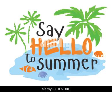 Sagen Sie „Hallo zum Sommer“-Aufkleber. Vektorgrafik im Aquarellstil, für Grafik- und Webdesign Stock Vektor