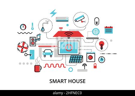 Moderne flache Linie Design Vektor Illustration, Konzept der Technologie Smart House mit Steuerung von jedem Haus Systeme: Beleuchtung, Sicherheit, Video-Surveillan Stock Vektor