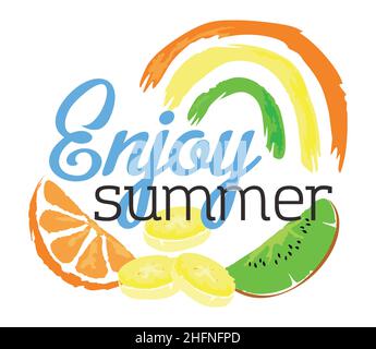 Genießen Sie den Sommer Obst Aufkleber. Vektorgrafik im Aquarellstil, für Grafik- und Webdesign Stock Vektor