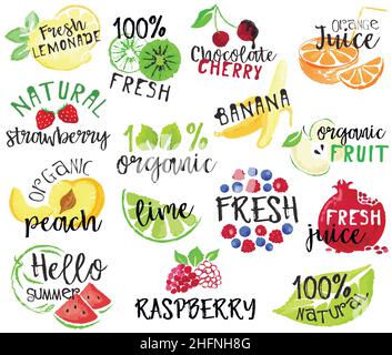 Set von Obst-Etiketten und Sticker. Vektorgrafik im Aquarellstil, für Grafik- und Webdesign Stock Vektor