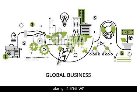 Moderne dünne Linie Design Vektor Illustration, Konzept der globalen Geschäftsprozesse und Finanzen Erfolg in der Welt, in Grün Farbe, für Grafik und w Stock Vektor