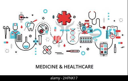 Moderne flache dünne Linie Design Vektor Illustration, Konzept der Medizin und Gesundheitswesen, erste Hilfe, medizinische Geräte und Arzneimittel Heilung, für grafische und Stock Vektor