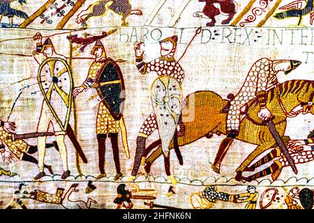 Farbenfroher Mittelalterlicher Wandteppich Bayeux Normandie Frankreich. Erstellt 11th Jahrhundert direkt nach Battle Hastings 1066 AD zeigt Norman Conquest England. Sh Stockfoto