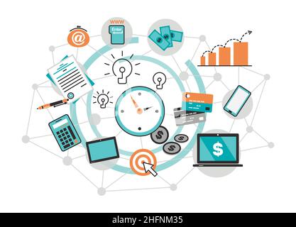 Moderne flache dünne Linie Design Vektor Illustration, Infografik Konzept mit Ikonen des Online-Geschäfts, Internet-Marketing-Idee, Büro-und Finanz-Ziele Stock Vektor