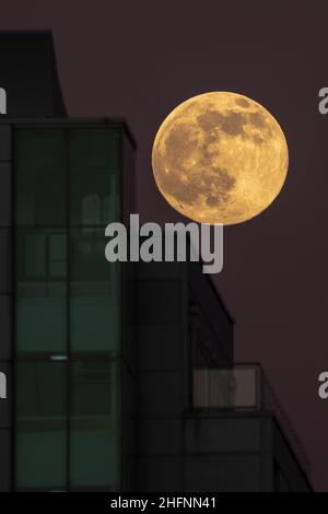 London, Großbritannien. 17th Januar 2022. Wetter in Großbritannien: Der Wolf Moon steigt über Ost-London auf. 99,9 % Vollmond über Apartments im Osten Londons. Kredit: Guy Corbishley/Alamy Live Nachrichten Stockfoto