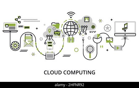 Moderne flache dünne Linie Design Vektor Illustration, Konzept der Cloud-Computing-Technologien, schützen Computernetzwerke und Remote-Datenspeicher, in grün Stock Vektor