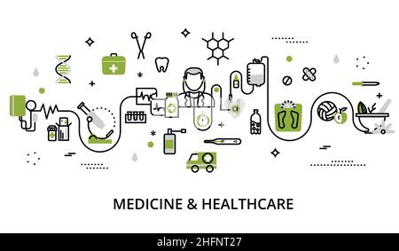 Moderne flache dünne Linie Design Vektor Illustration, Grün Konzept der Medizin und Gesundheit, erste Hilfe, medizinische Geräte und Medikamente Heilung, für g Stock Vektor