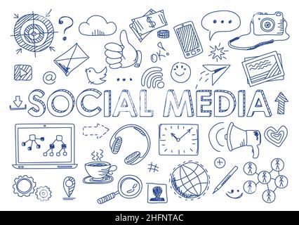 Handgezeichnete Design-Vektor-Illustration, Satz von Social Media, Social Networking, Web-Community und posten Nachrichten-Symbole in Doodle-Stil, für Grafik und Stock Vektor