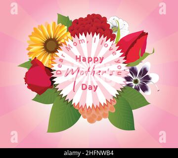 Blumenstraußkarte zum Muttertag mit bunten Blumen, Blumenmuster, Mama Ich liebe dich. Vektor Illustration Grußkarte, Poster, Flyer, Verpackungsdesign Stock Vektor