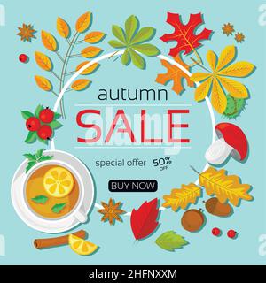 Banner des Herbstverkaufs auf türkisfarbenem Hintergrund, moderne flache Design Vektor-Illustration Stock Vektor