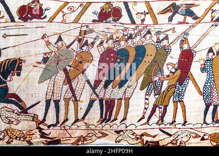 Farbenfroher Mittelalterlicher Wandteppich Bayeux Normandie Frankreich. Erstellt 11th Jahrhundert direkt nach Battle Hastings 1066 AD zeigt Norman Conquest England. Sh Stockfoto