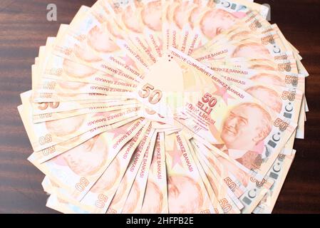 Viele 50 türkische Liras Stockfoto