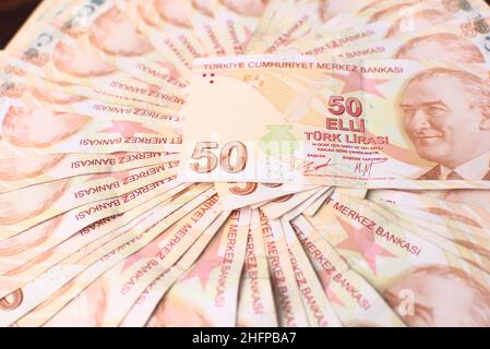 Viele 50 türkische Liras Stockfoto