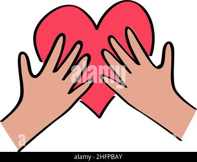Kinder Hände halten Herz. Wohltätigkeitsstiftung, Sozialfürsorgekonzept. Vollunteer-Logo. Umriss mit Farbdarstellung in handgezeichneter Form Stock Vektor