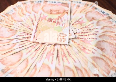 Viele 50 türkische Liras Stockfoto